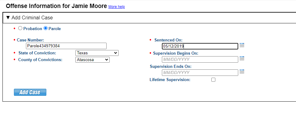 Provide supervision type, case details and supervision term.