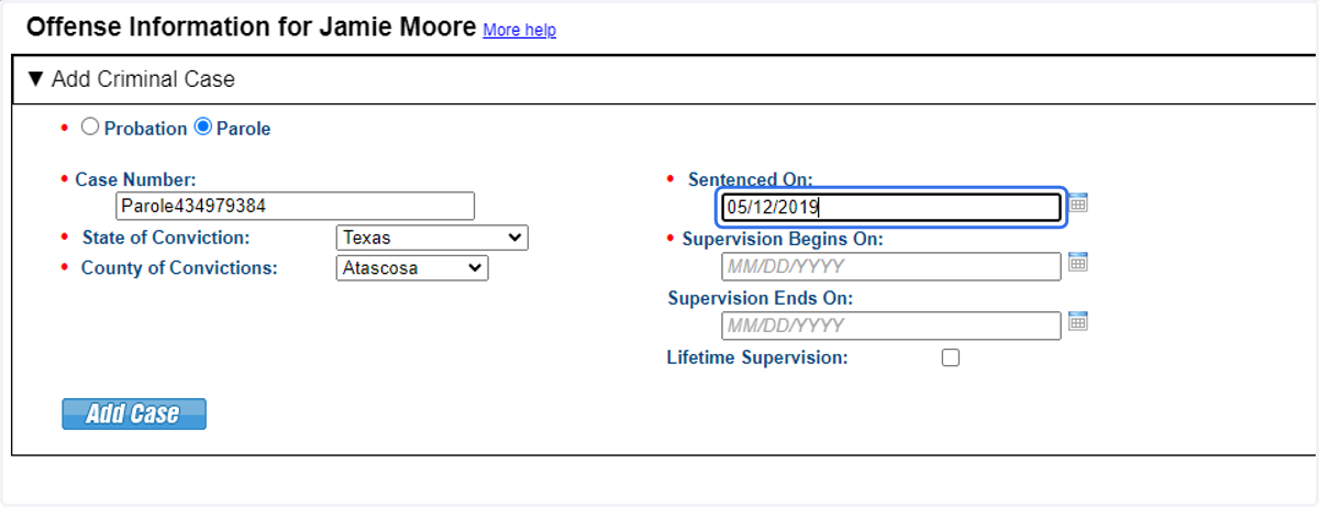 Provide supervision type, case details and supervision term.