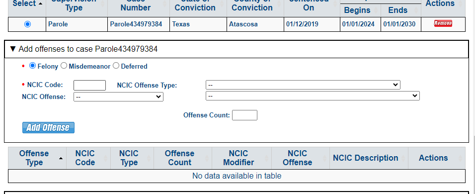 Add offense information. Note each case may also have multiple offenses. Enter the NCIC code if known or use the drop downs to the right to find the NCIC codes.
