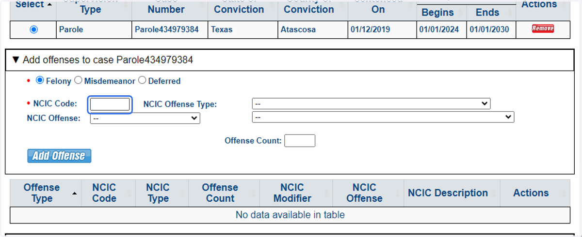 Add offense information. Note each case may also have multiple offenses. Enter the NCIC code if known or use the drop downs to the right to find the NCIC codes.