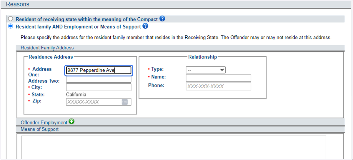 Provide the address information for the qualifying resident family member.