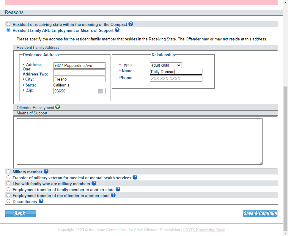 Provide contact information for the qualifying resident family member.