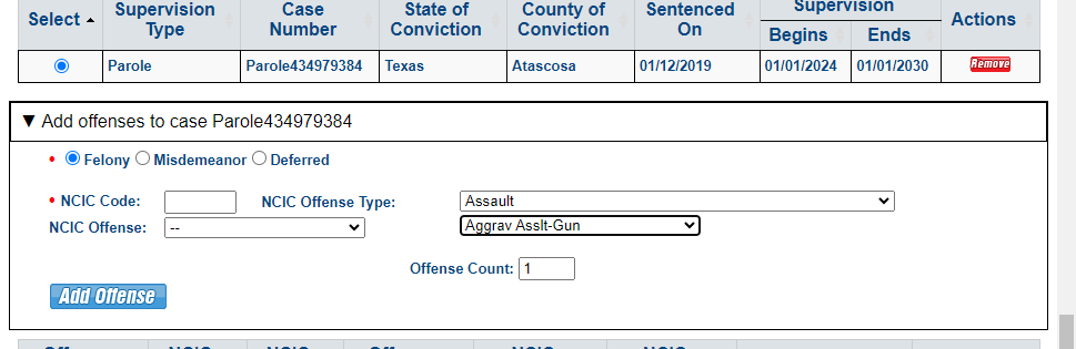 Add offense information. Note each case may also have multiple offenses. Enter the NCIC code if known or use the drop downs to the right to find the NCIC codes.