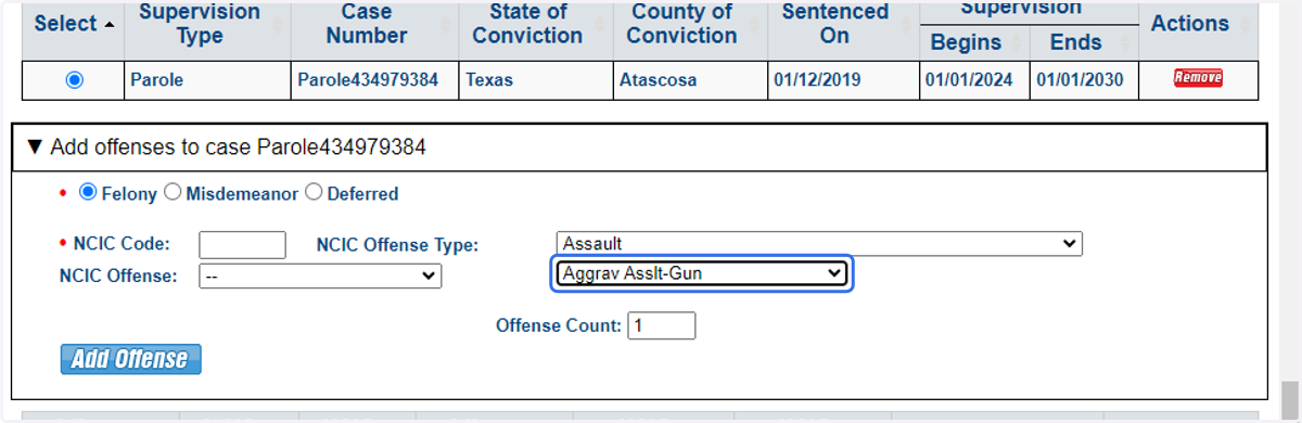 Add offense information. Note each case may also have multiple offenses. Enter the NCIC code if known or use the drop downs to the right to find the NCIC codes.