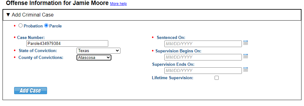Provide supervision type, case details and supervision term.