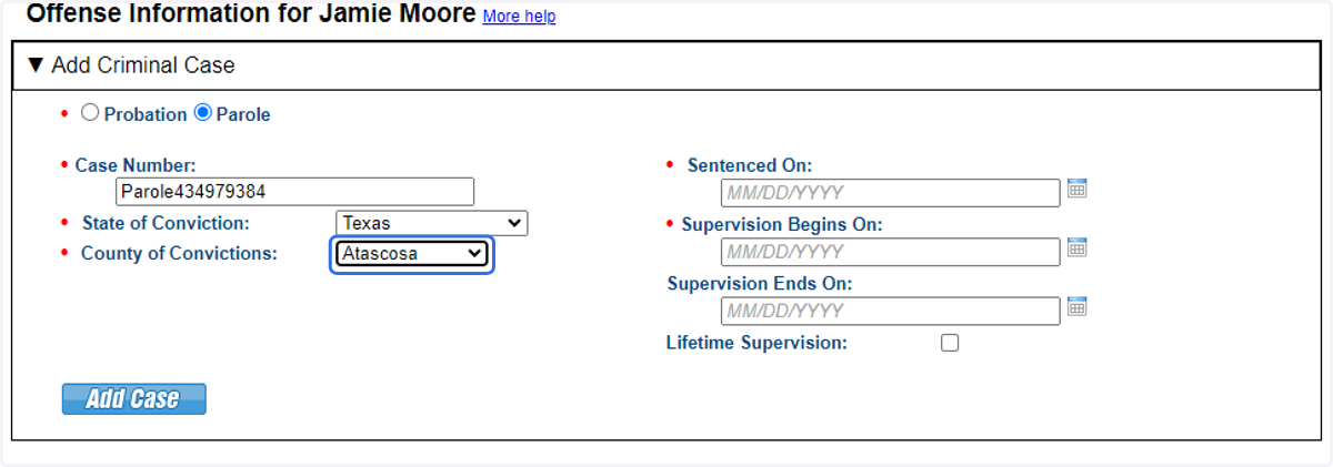 Provide supervision type, case details and supervision term.
