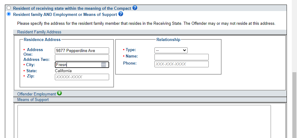 Provide the address information for the qualifying resident family member