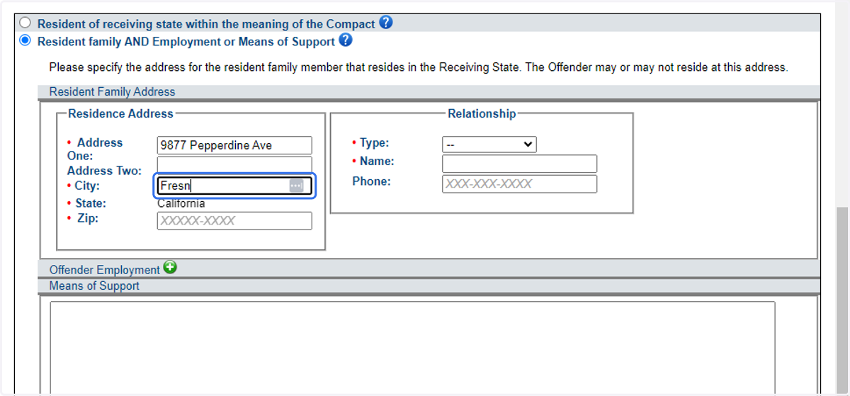 Provide the address information for the qualifying resident family member