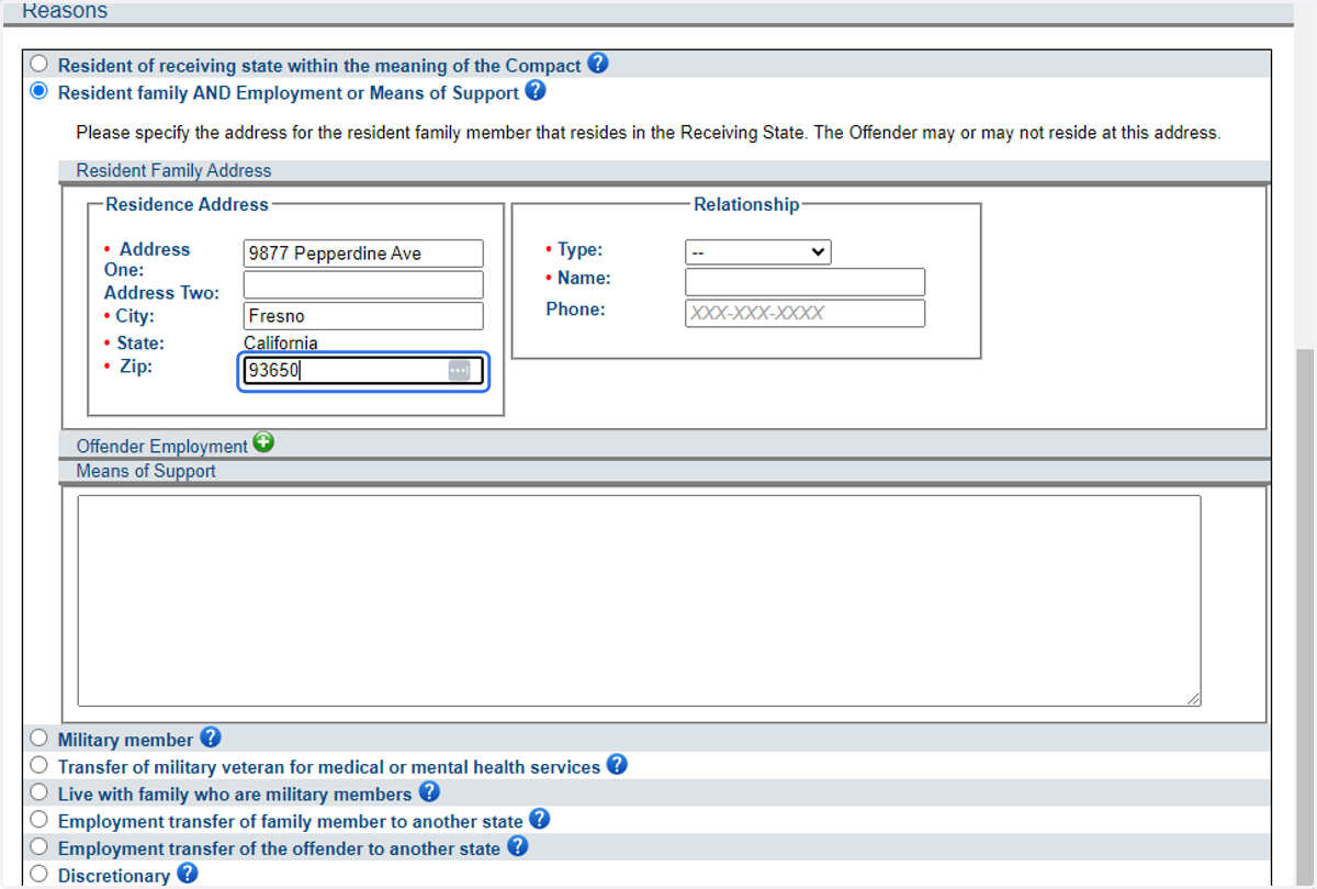 Provide the address information for the qualifying resident family member.