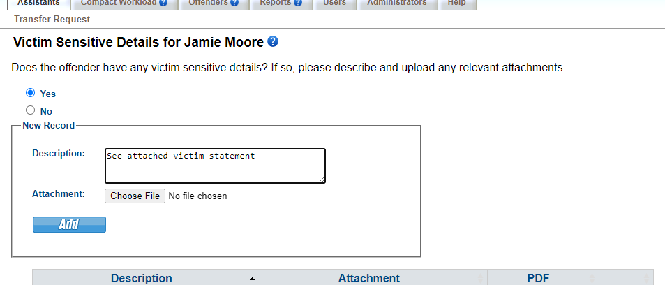 Provide the victim sensitive details.