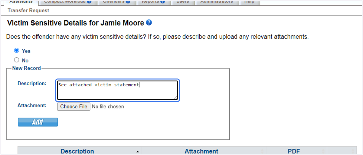Provide the victim sensitive details.