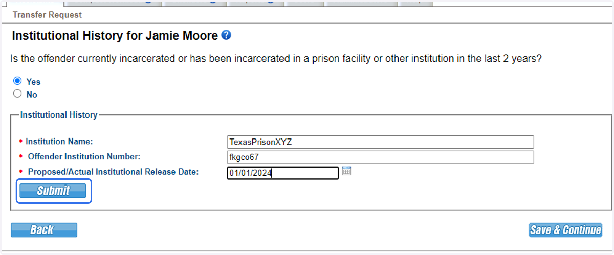 Be sure to click submit to save the institution information.