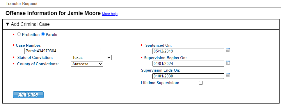 Confirm case details are correct and Add Case. IMPORTANT! Once a transfer request is submitted this data cannot be corrected. Be sure to double check and ensure data is accurate.