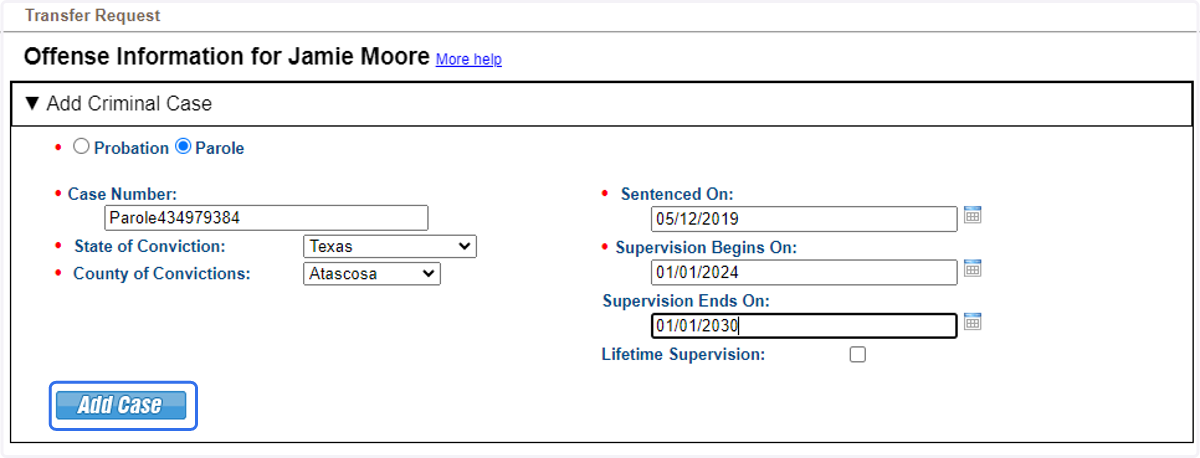 Confirm case details are correct and Add Case. IMPORTANT! Once a transfer request is submitted this data cannot be corrected. Be sure to double check and ensure data is accurate.