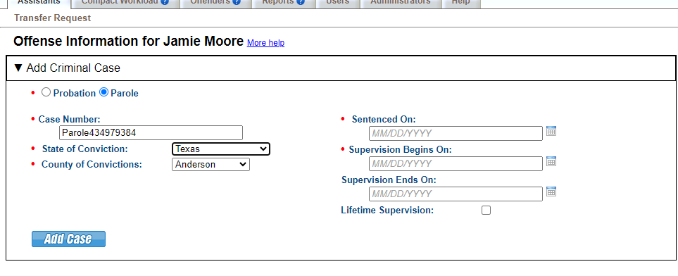 Provide supervision type, case details and supervision term.
