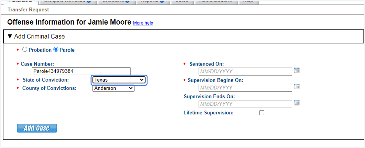 Provide supervision type, case details and supervision term.