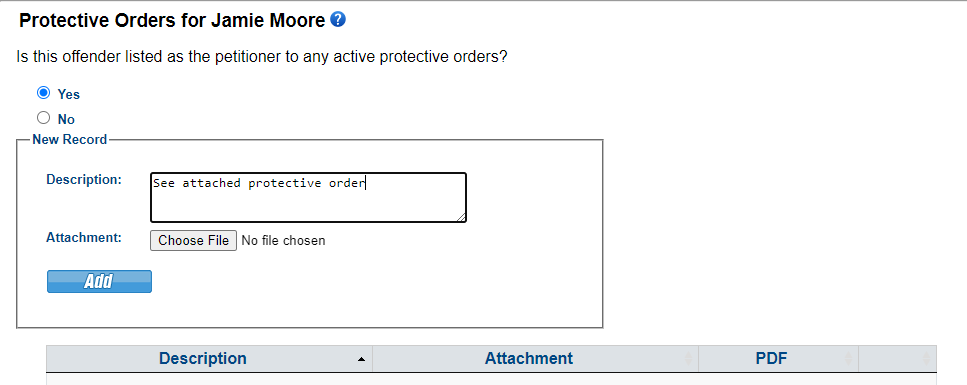 Provide a description and add the protective order documentation.