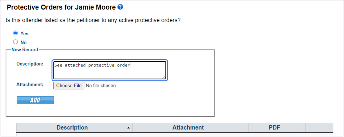 Provide a description and add the protective order documentation.