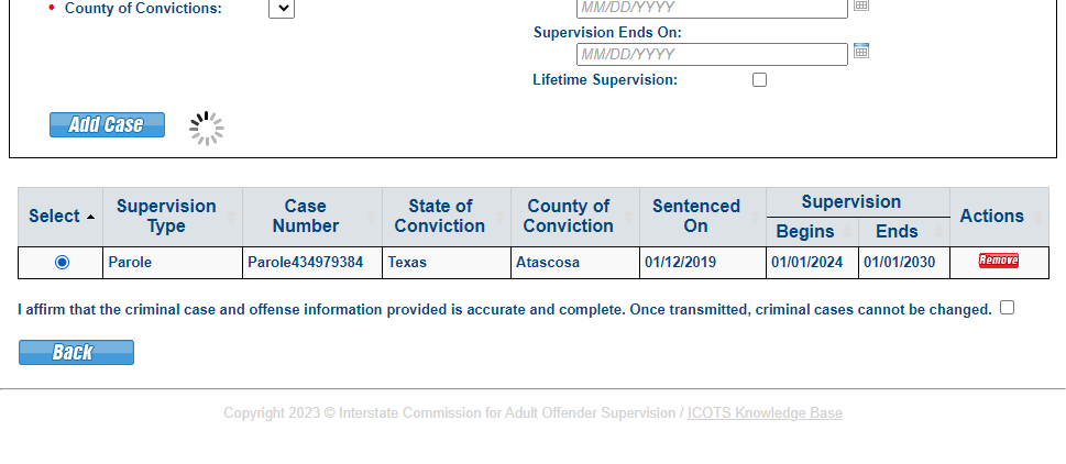 Select the Case to add offense information. Note each case may also have multiple offenses.
