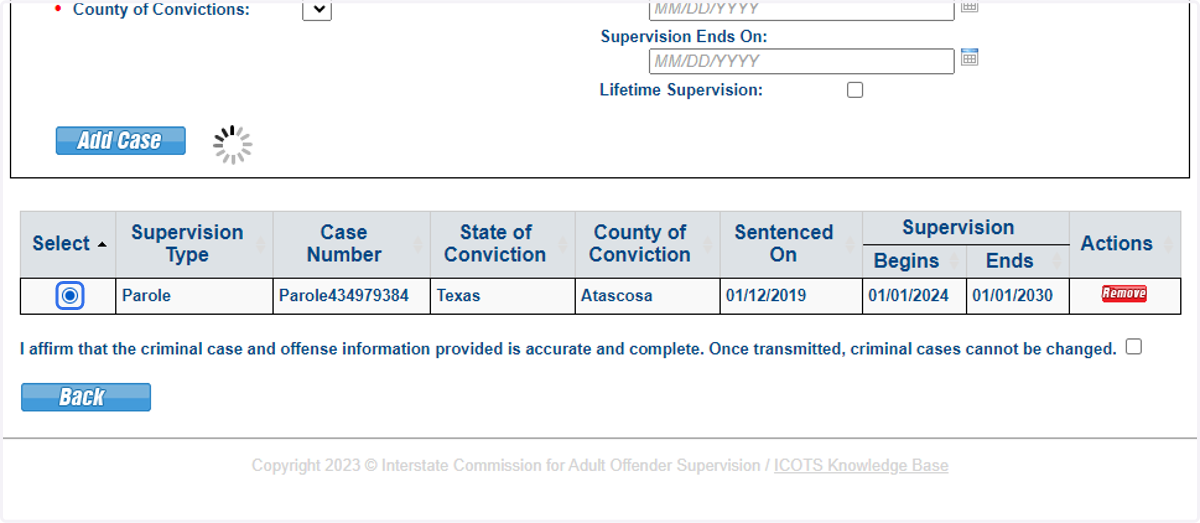 Select the Case to add offense information. Note each case may also have multiple offenses.