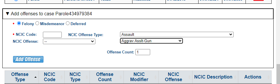Add offense information. Note each case may also have multiple offenses. Enter the NCIC code if known or use the drop downs to the right to find the NCIC codes