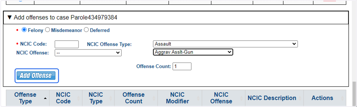Add offense information. Note each case may also have multiple offenses. Enter the NCIC code if known or use the drop downs to the right to find the NCIC codes