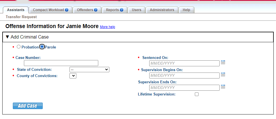 Provide supervision type, case details and supervision term.