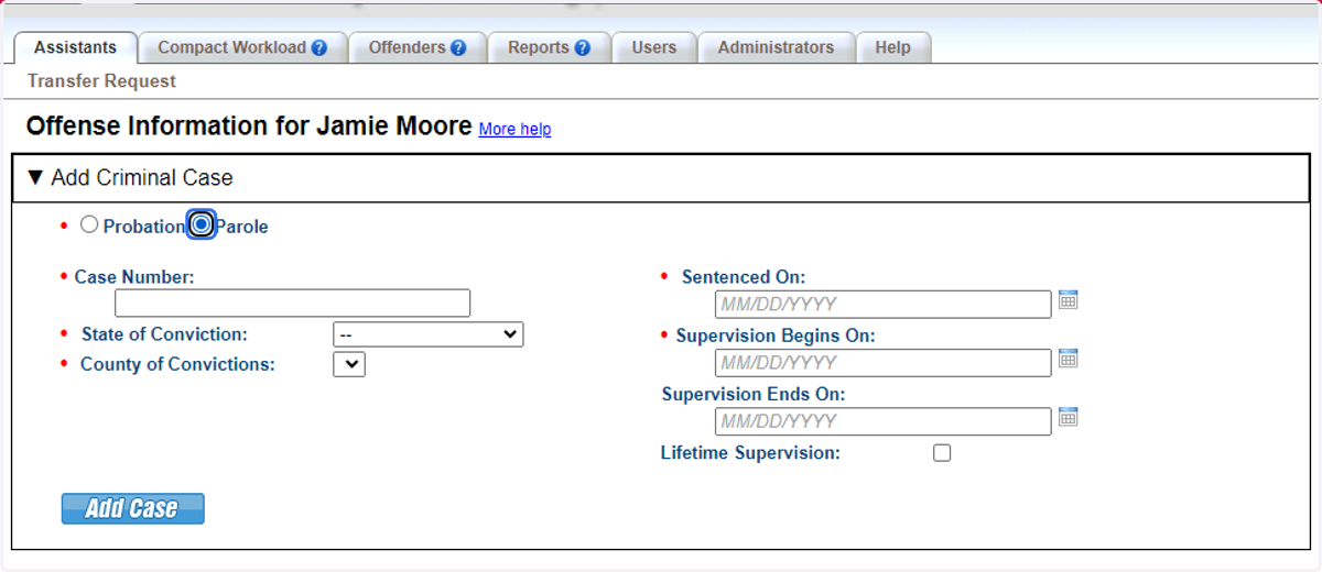 Provide supervision type, case details and supervision term.