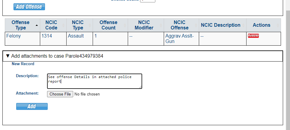 Details describing the offense must be provided. Users can type in the description field or provide an attachment such as a police report.