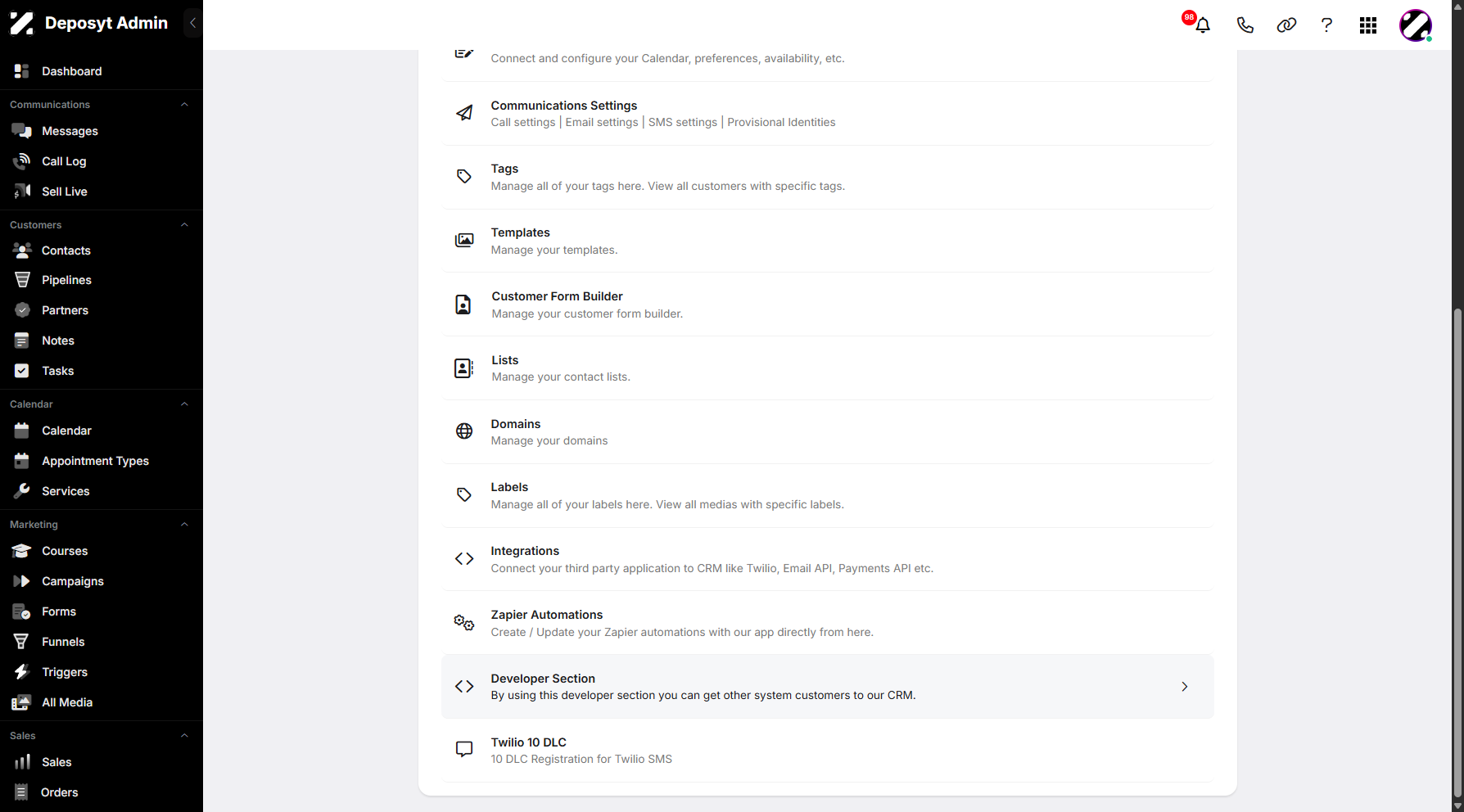 Step 3: You will then be taken to the Settings page. Scroll down and click on Developer Section to continue.