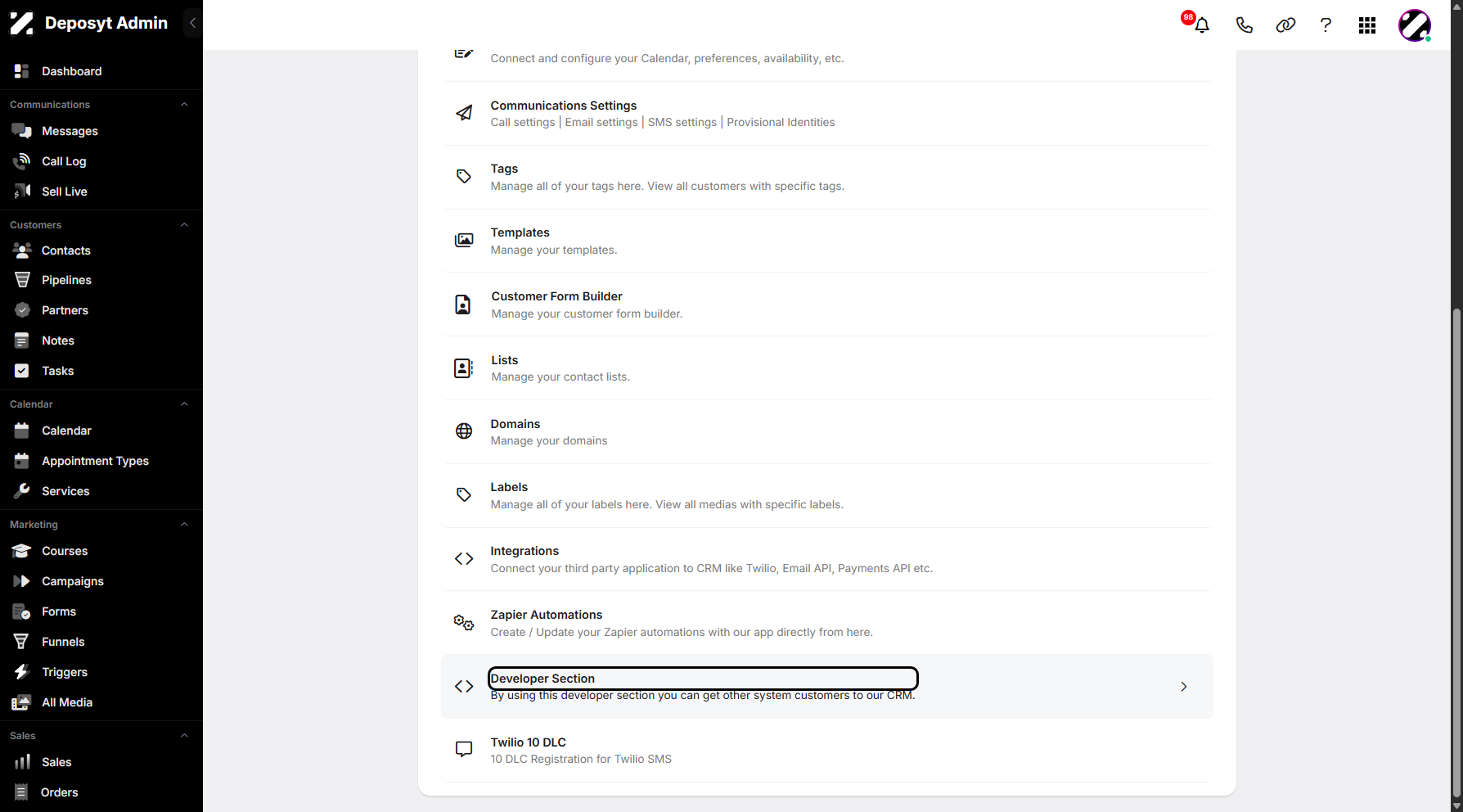 Step 3: You will then be taken to the Settings page. Scroll down and click on Developer Section to continue.