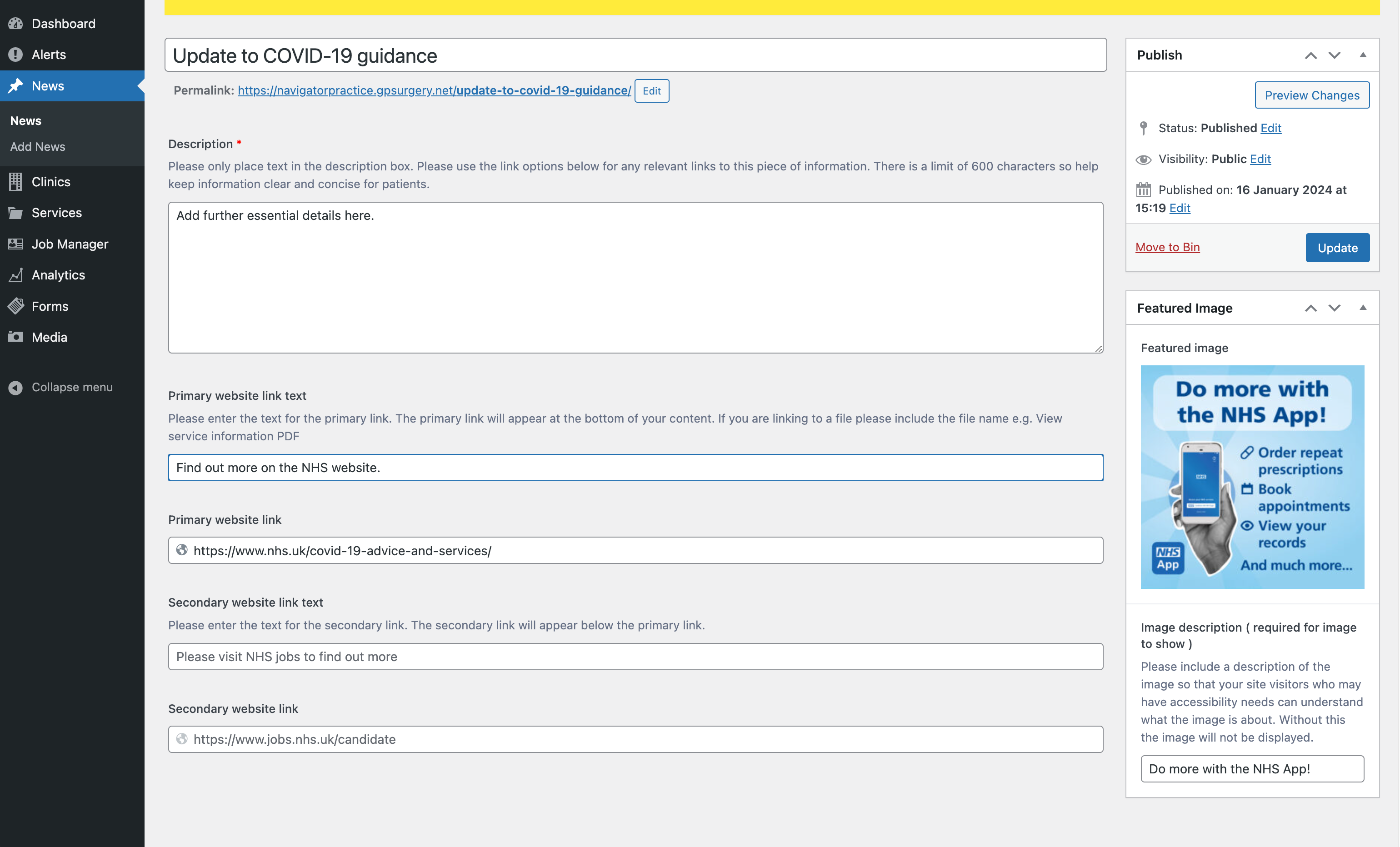 The Primary website link text box with "Find out more on the NHS website" typed