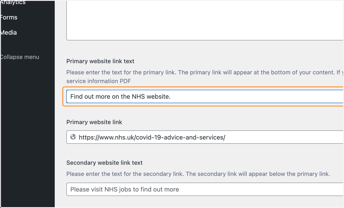 The Primary website link text box with "Find out more on the NHS website" typed