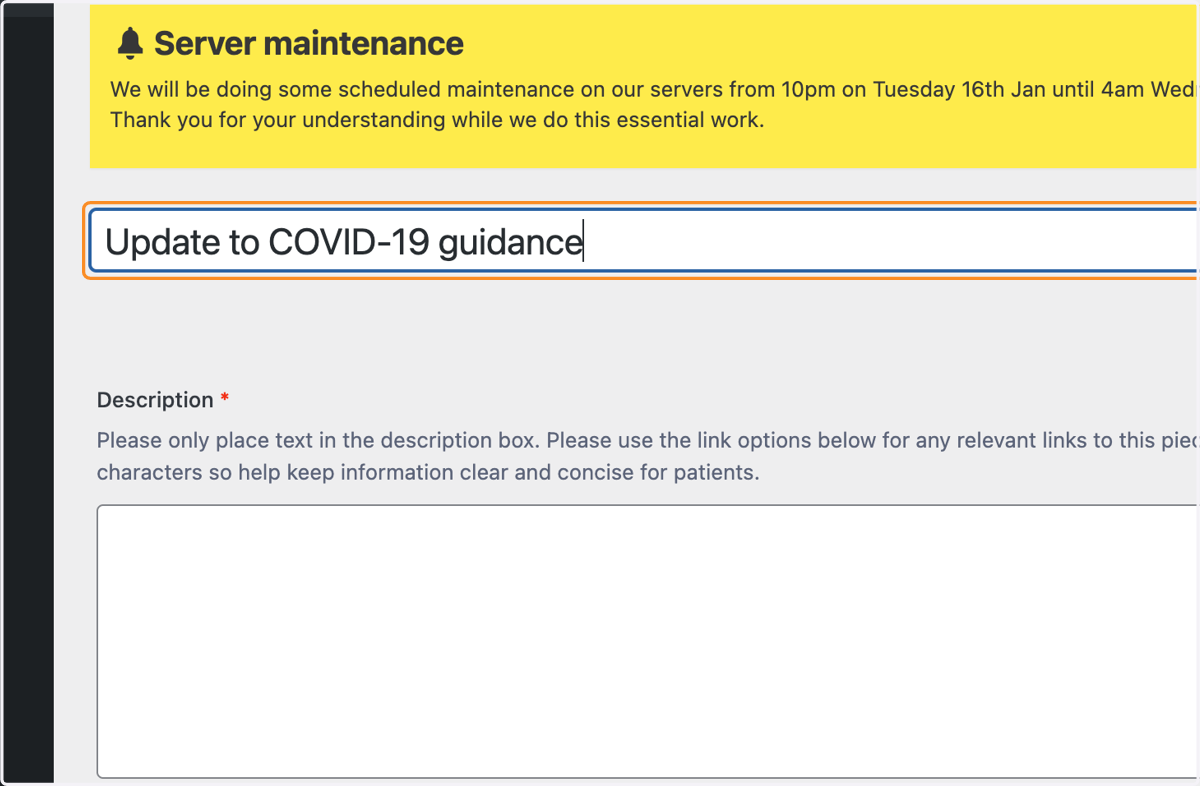 The Title box with "Update to COVID-19 guidance" typed