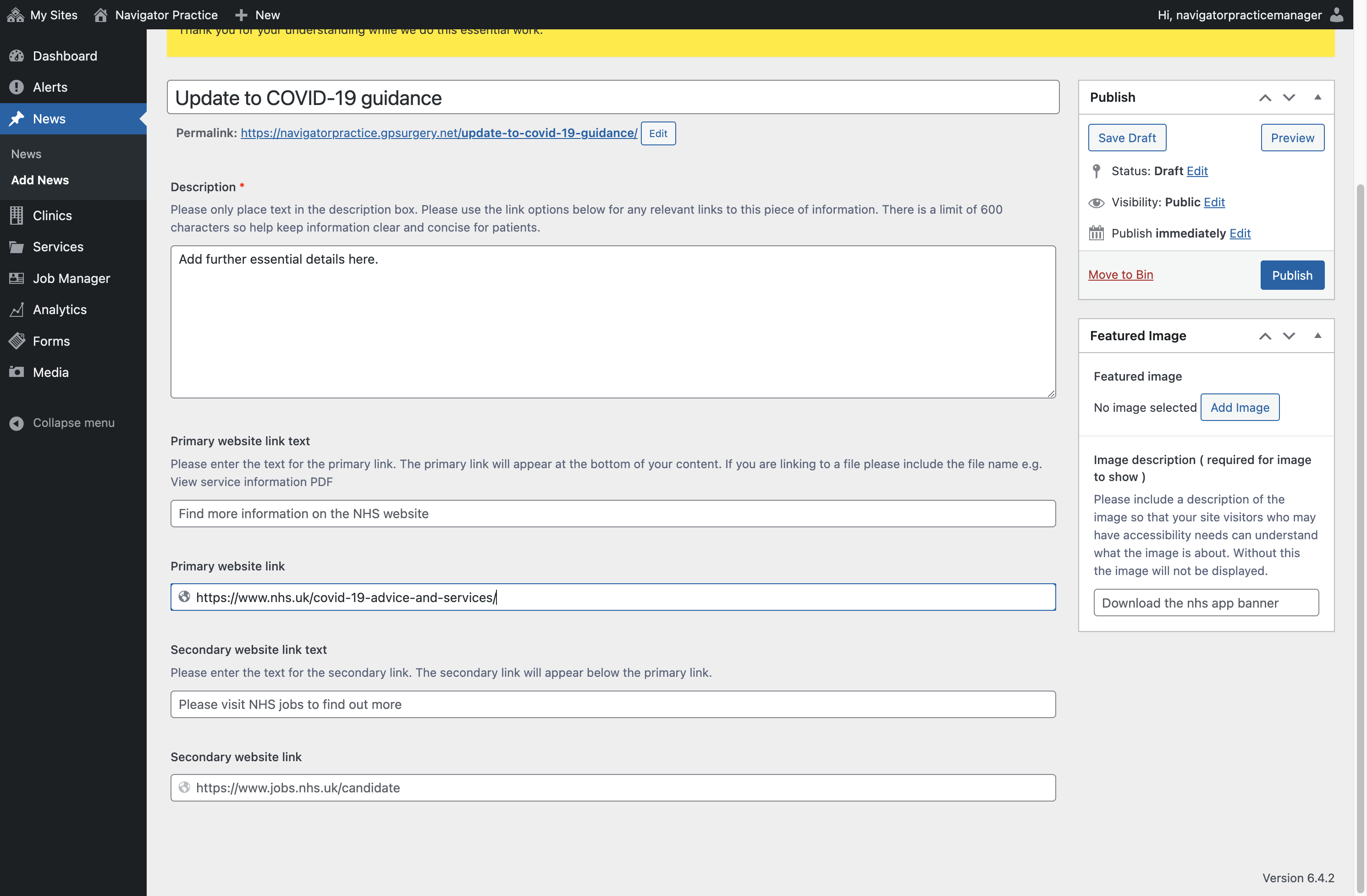 The Primary website link box with "https://www.nhs.uk/covid-19-advice-and-services/" typed