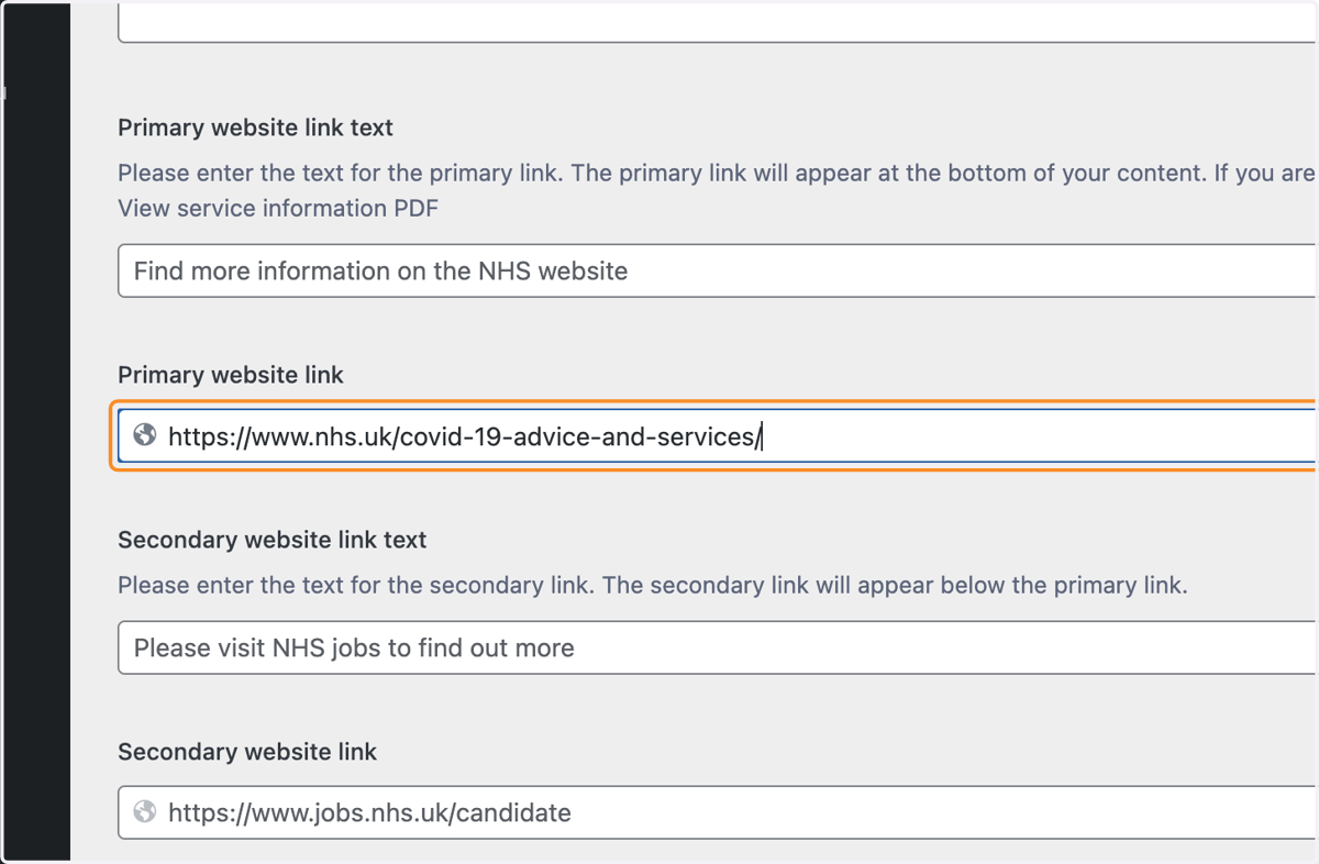 The Primary website link box with "https://www.nhs.uk/covid-19-advice-and-services/" typed