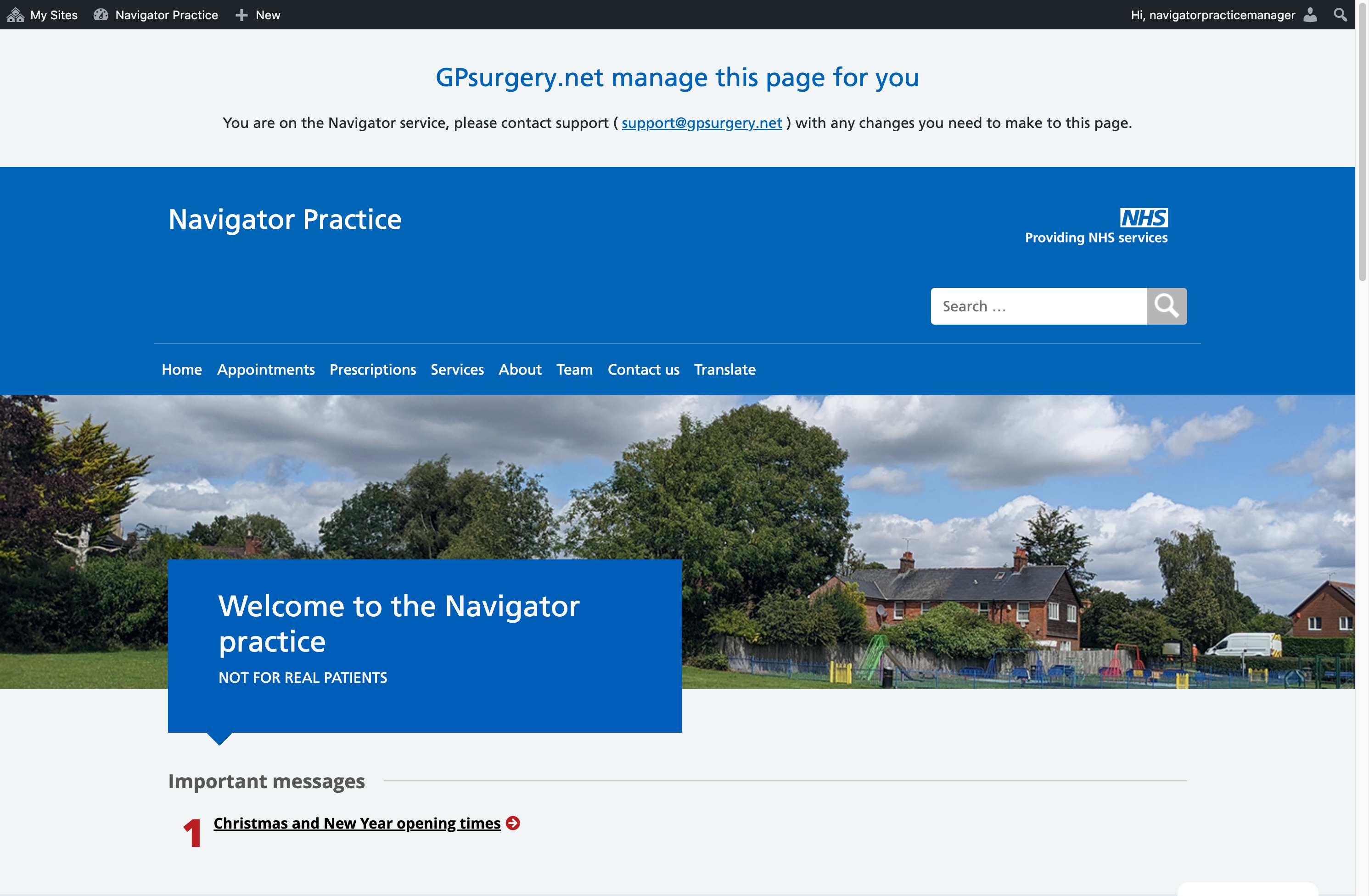 A GPsurgery.net Navigator website, with the admin toolbar showing at the top of the website page.