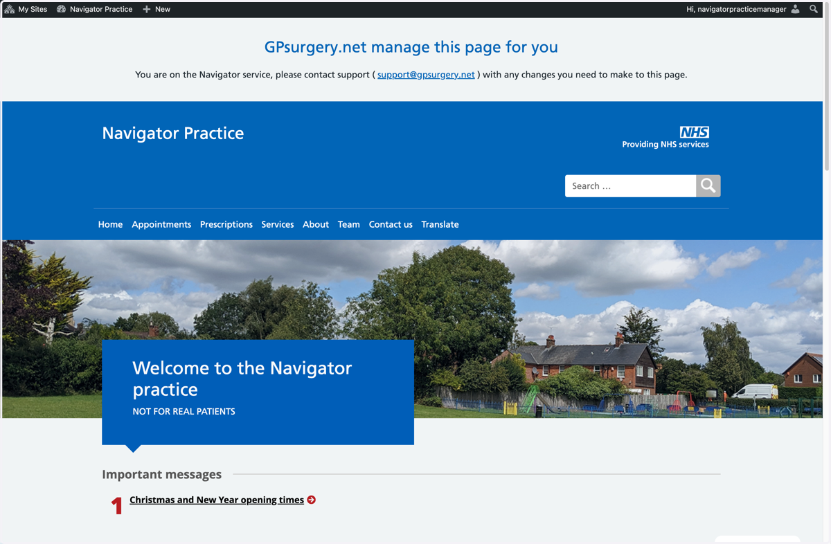 A GPsurgery.net Navigator website, with the admin toolbar showing at the top of the website page.