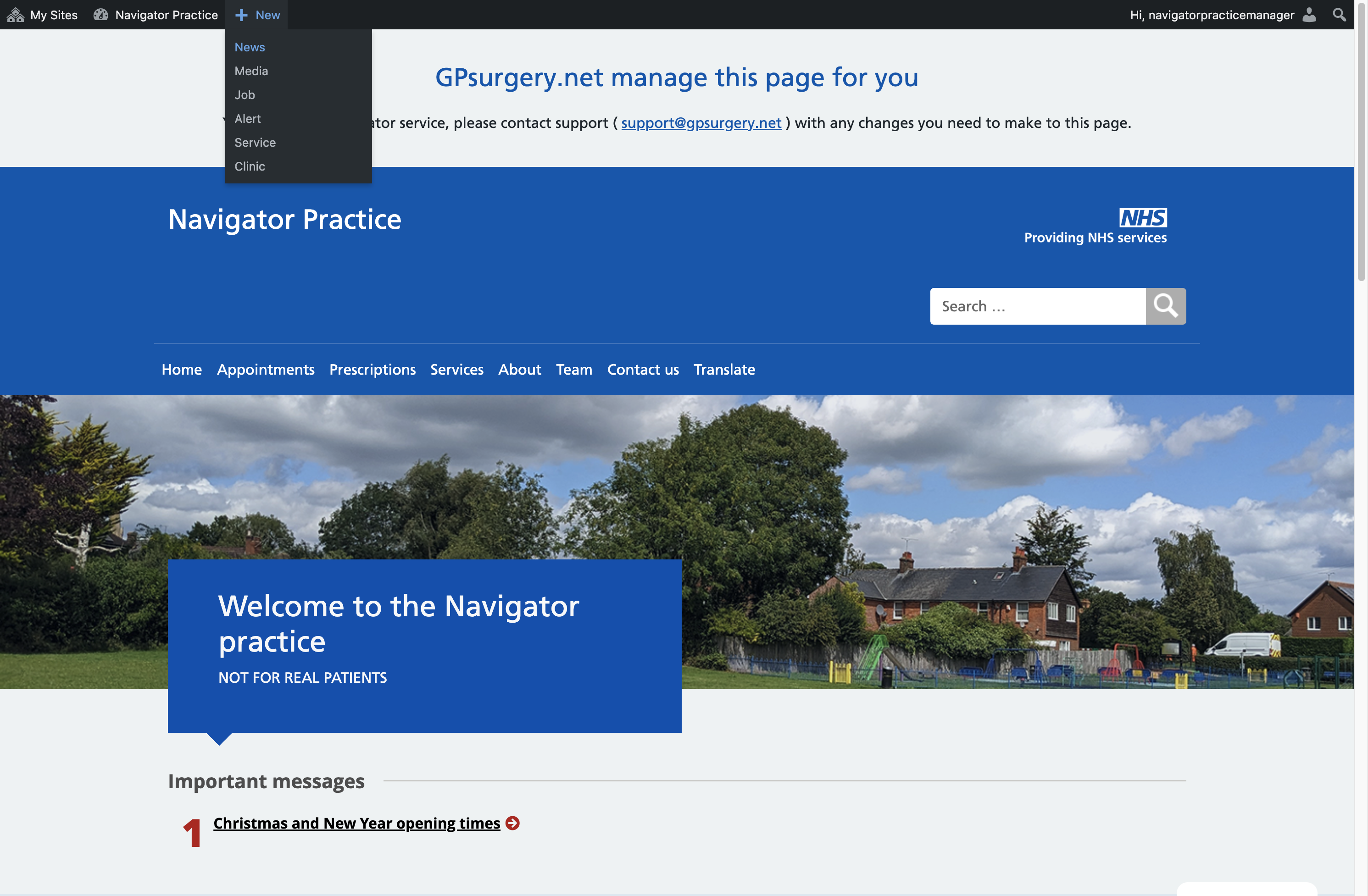 The +New dropdown, with News selected