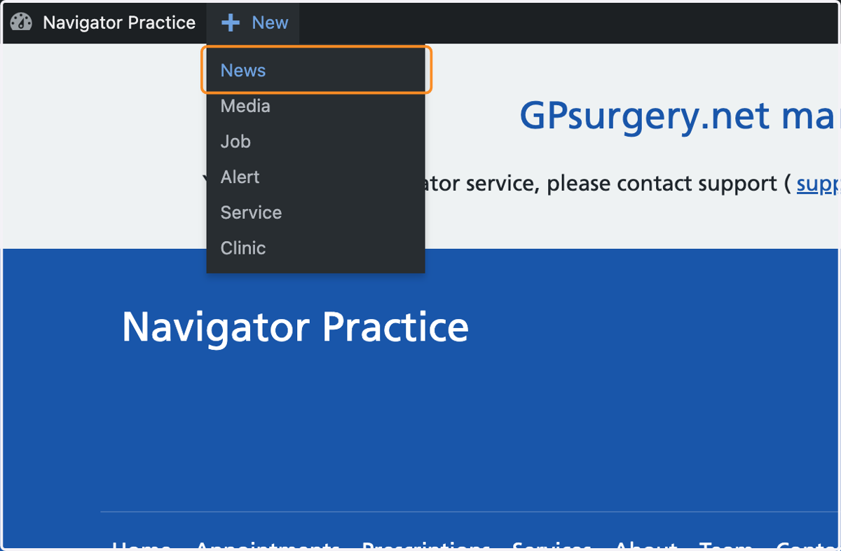 The +New dropdown, with News selected