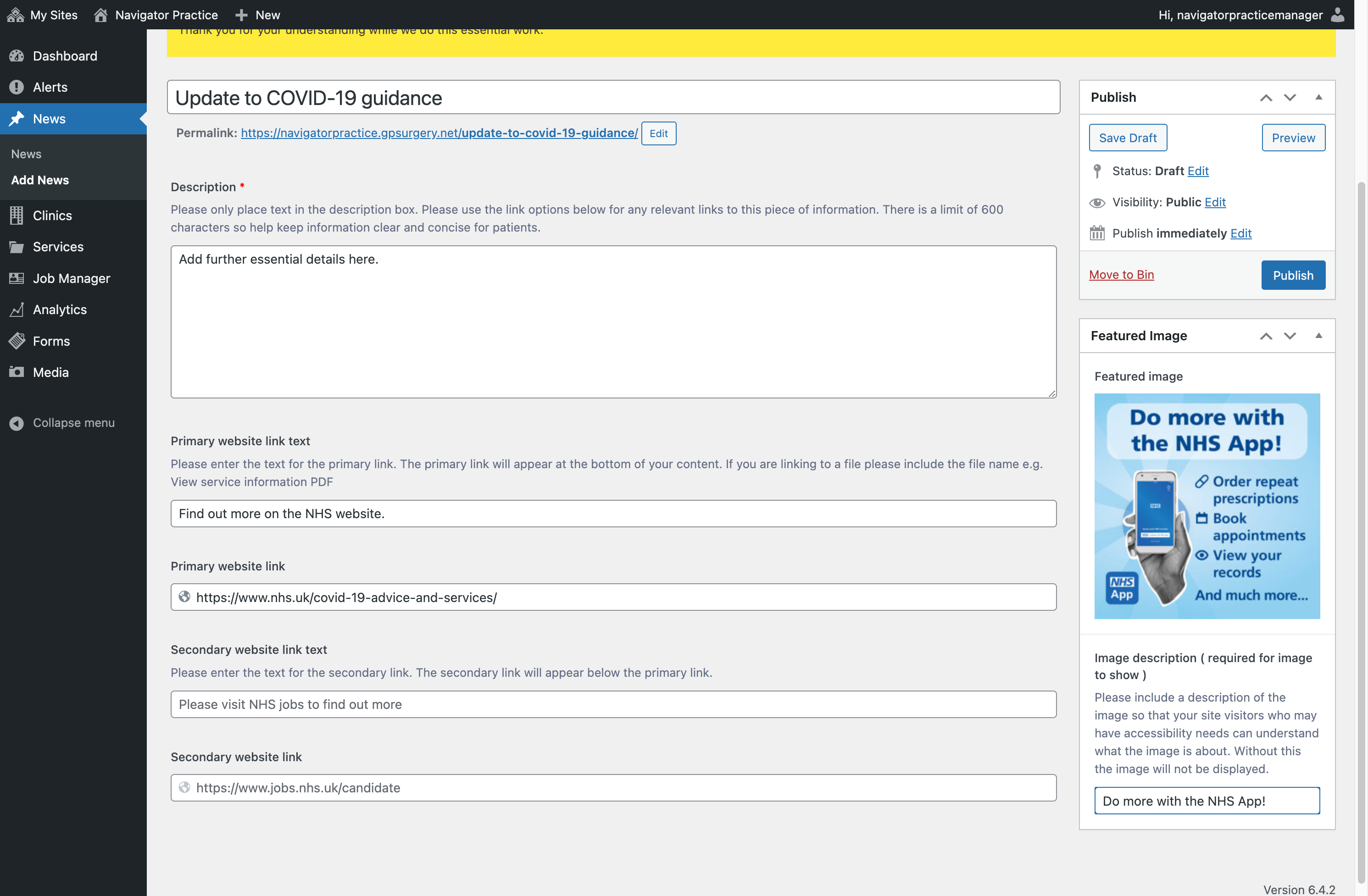 The Publish button in the Publish box.