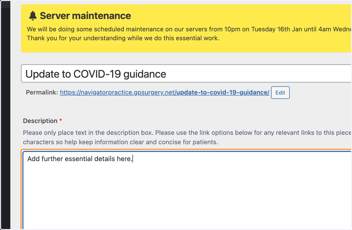 The Description box with "Add further essential details here." typed.