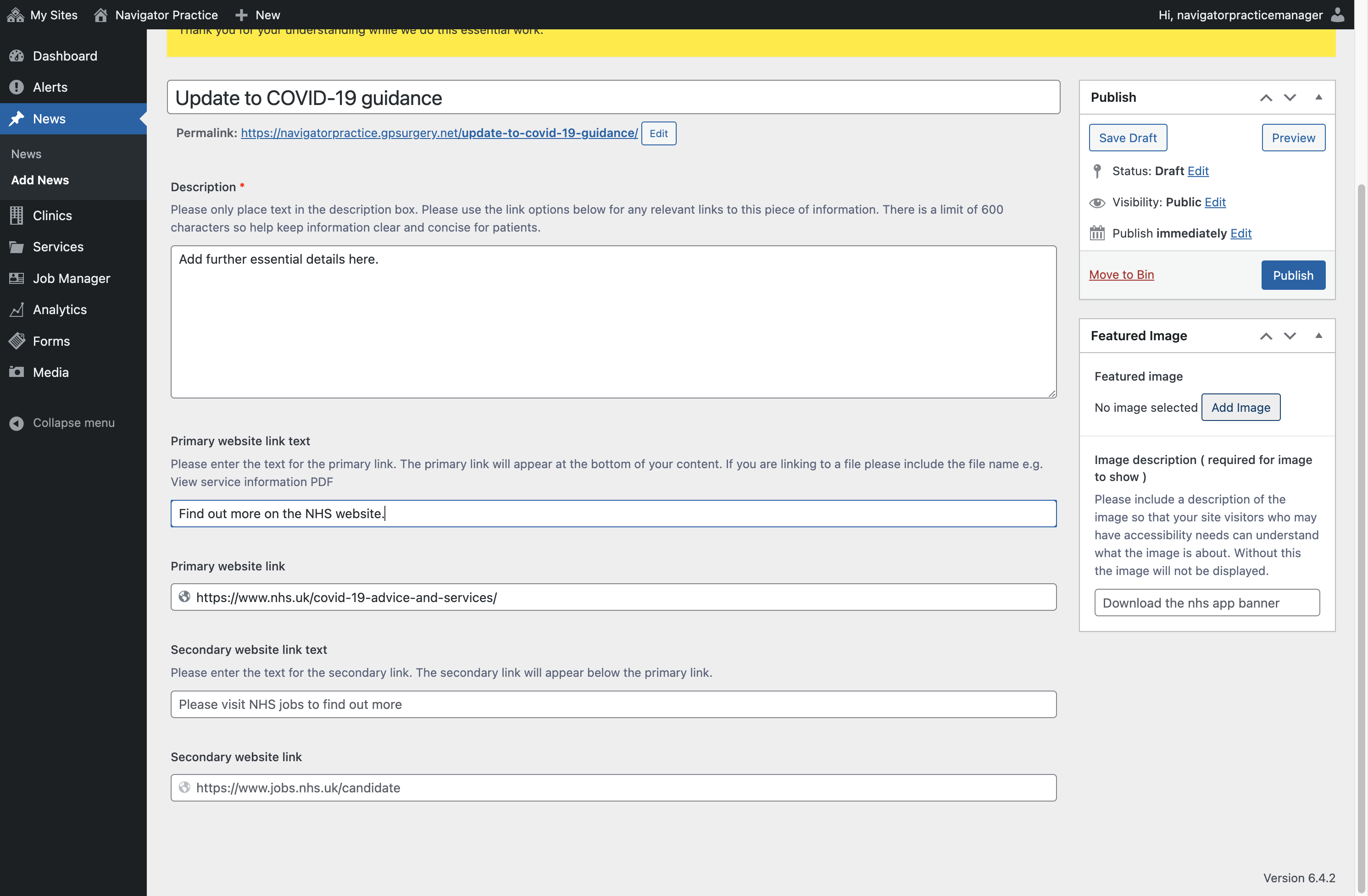 The Add Image button selected in the Featured Image box.