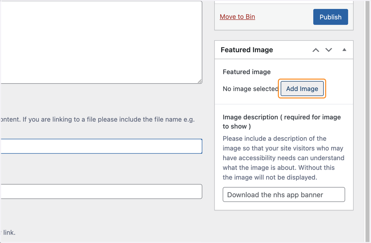 The Add Image button selected in the Featured Image box.