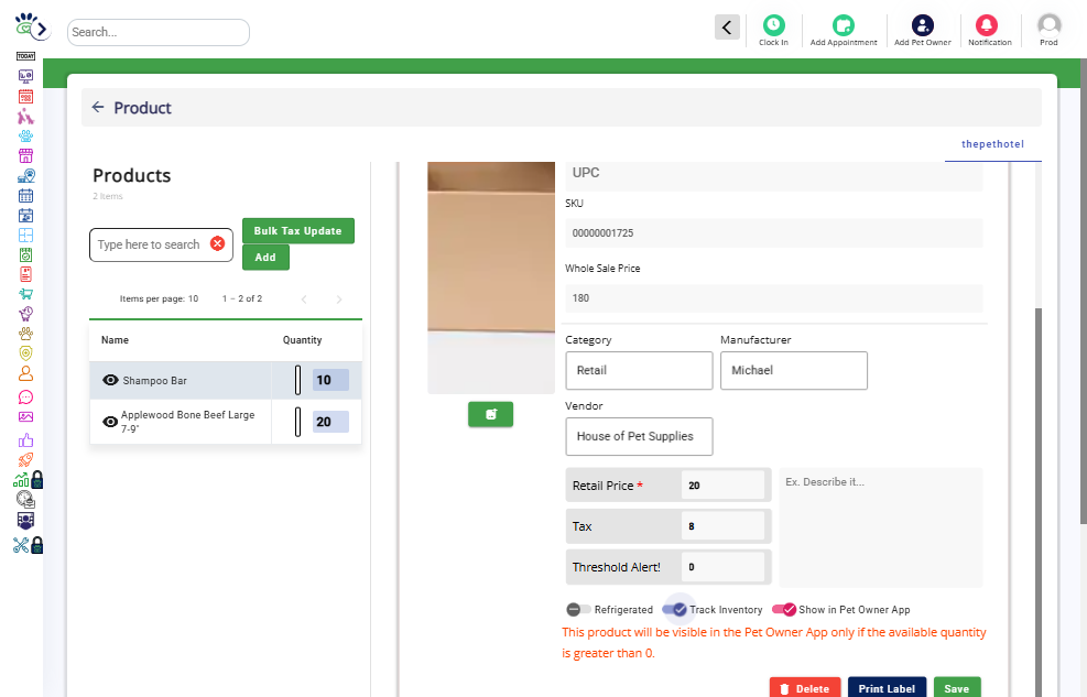 Enable the toggles: Track Inventory and Show in Pet Owner App.