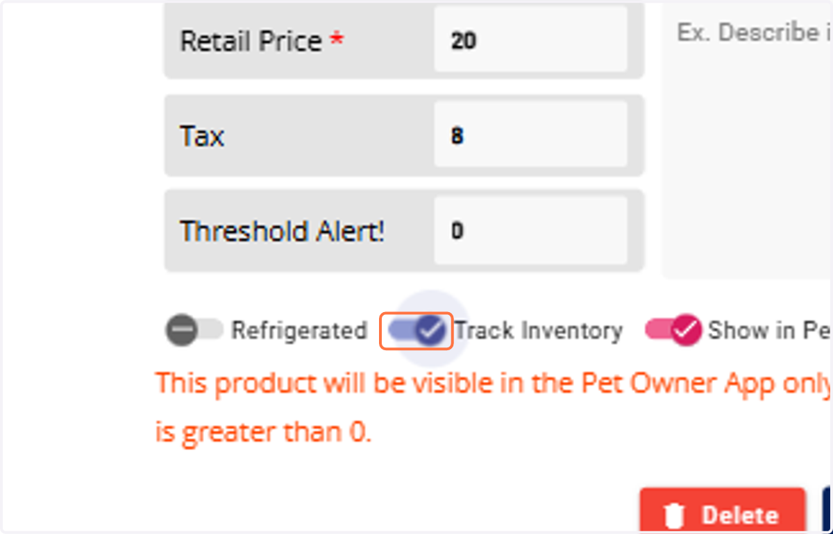 Enable the toggles: Track Inventory and Show in Pet Owner App.