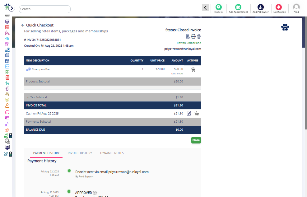 The retail product invoice is displayed.