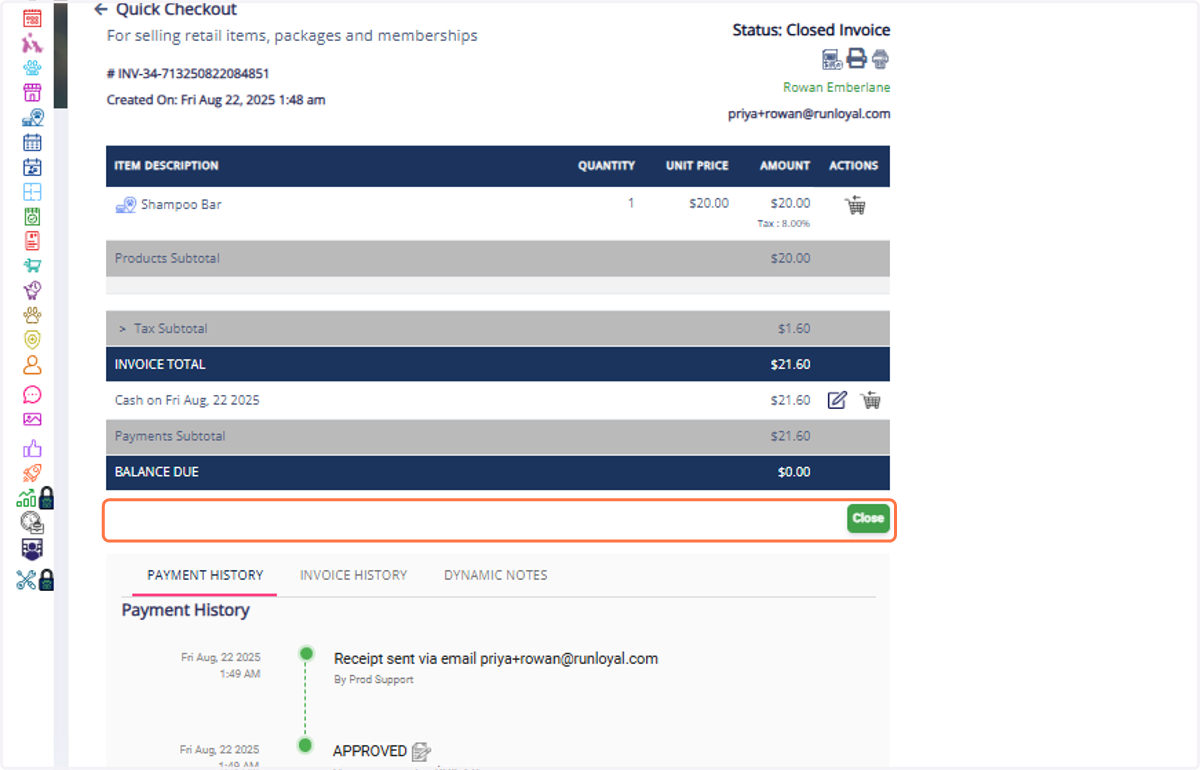 The retail product invoice is displayed.