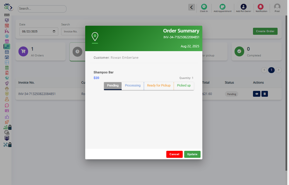 Update status: Pending → Processing → Ready for Pickup → Completed.