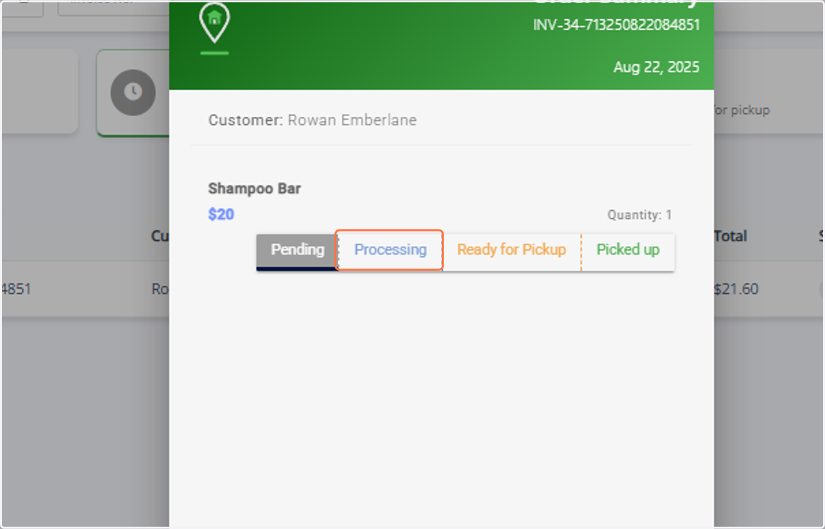 Update status: Pending → Processing → Ready for Pickup → Completed.